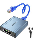 Solid Gigabit Ethernet Splitter 1 To 3 High Speed 1000Mbps Dual RJ45 Adapter with blue cable, USB cables shown