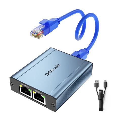 Solid Gigabit Ethernet Splitter 1 To 3 High Speed 1000Mbps Dual RJ45 Adapter with blue cable, USB cables shown