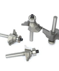 Top Shelf 4 Piece Bearing Guided Router Bit Set For Knockout Cabinet Millwork And Furniture Trimming Featuring Crisp Ovollo Profiles and Slick Double Ribbed Edges, showing four precision ground bits.