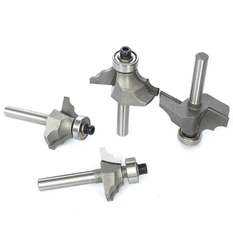Top Shelf 4 Piece Bearing Guided Router Bit Set For Knockout Cabinet Millwork And Furniture Trimming Featuring Crisp Ovollo Profiles and Slick Double Ribbed Edges, showing four precision ground bits.