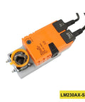 LM230AXSR Modulating Damper Actuator For HVAC Systems And Building Automation with orange housing and mounting bracket.