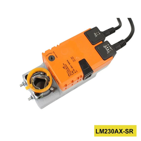 LM230AXSR Modulating Damper Actuator For HVAC Systems And Building Automation with orange housing and mounting bracket.