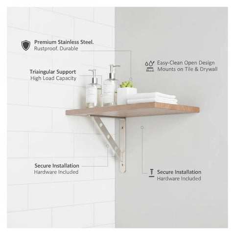Stainless Steel Triangle Shelf Bracket Fits Standard Wood Boards for Kitchen and Bathroom Wall Storage, holding toiletries.