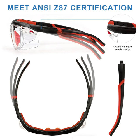 Anti Fog Scratch Resistant Safety Goggles With UV400 Lens Coating and HD Optics featuring adjustable temples and red frame.