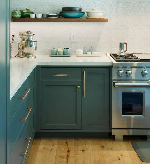 Five Inch 128mm Hole Centers Zinc Alloy Cabinet Pull In Champagne Bronze Finish on teal kitchen cabinets