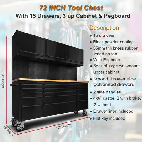 Badass Heavy Duty Tool Chest And Rolling Cabinet Two Pack Workhorse Featuring Twenty Six Deep Slide Out Drawers For Rock Solid Garage And Workshop Setup Organization, 72-inch tool chest with 15 drawers and pegboard.