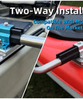 Close-up of two-way installation for kayak stabilizers package with hard outrigger floats adjustable stabilizer system.