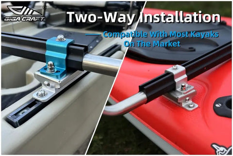 Close-up of two-way installation for kayak stabilizers package with hard outrigger floats adjustable stabilizer system.
