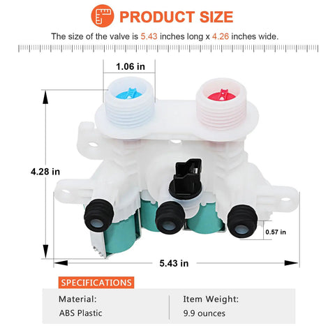 Premium Water Inlet Valve Dual Port Replacement For Top Load Washers 1.06 Inch Fittings Exact Fit W11096268 W10758829 Compatible With Major Washer Models WTW7300DW1 WTW8500DC5 Easy Install And Durable Performance For Steady Water Flow. ABS plastic washer valve with 1.06 in ports and 5.43 x 4.26 in size