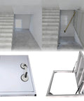 Heavy Duty Recessed Stainless Steel Access Door With Quick Release Suction Handle For Slick Flush Fit Hidden Floor Hatch and Snug Basement Crawl Space Utility Entry Panel in Matte Black shown from multiple angles.