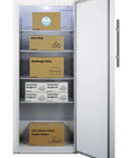 Rock Solid Commercial Freezer 31 Inch Reach In Upright Design With Solid Door, Four Adjustable Shelves, 18 Cubic Feet with food storage.