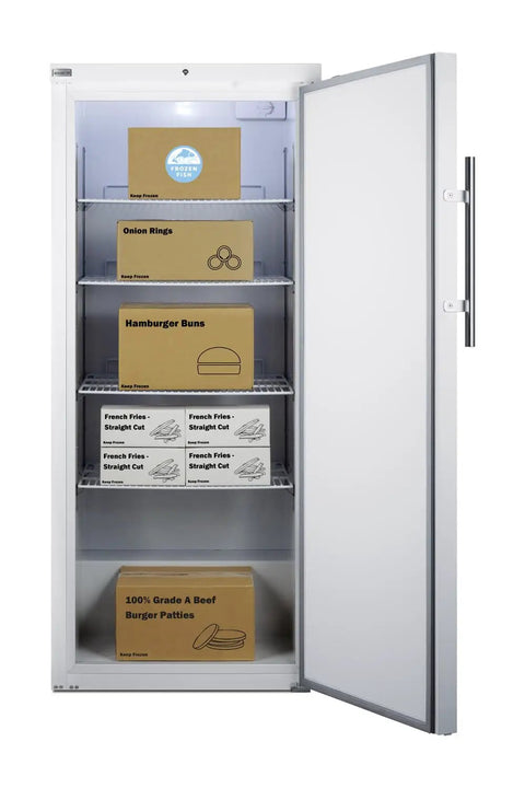 Rock Solid Commercial Freezer 31 Inch Reach In Upright Design With Solid Door, Four Adjustable Shelves, 18 Cubic Feet with food storage.