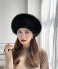 Women's Winter Faux Fox Fur Beanie Hat With Plush Lining For Daily Cold Weather Skiing Hiking Walking Mountaineering And Travel Cozy Cap Slays Any Coat And Outfit Ultra Plush Black displayed on a model indoors.