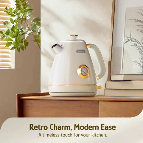 Retro Electric Kettle With Thermometer 1.7 Liter All Stainless Steel 1200 Watt Fast Boil Cordless BPA Free Auto Shut Off With Precise Temperature Reading Pearl White Kitchen Essential For Tea Lovers on table.
