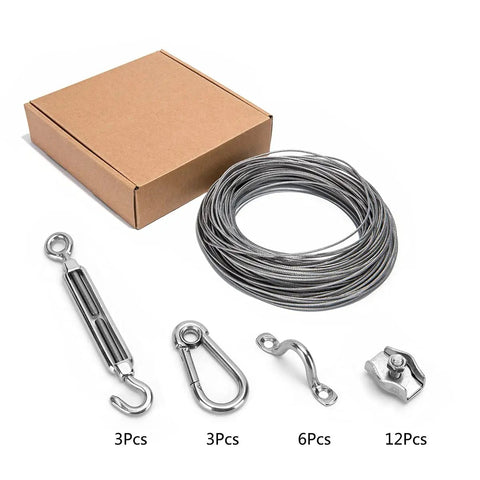 Outdoor String Light Suspension Kit With Vinyl Coated Stainless Steel Cable And 150 Ft Transparent PVC Wire Includes 304 Stainless Steel Wire Cable Turnbuckles And Hooks For Weatherproof Patio Ambience Easy To Install, components on display