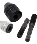 Keyless Drill Chuck Set One Quarter Inch Hex Shank Quick Change Converter For Impact Drills Includes 2 Pieces With 0.3 To 8mm And 0.3 To 3.6mm Clamping Ranges Fast Change Drill Adapter Extension, showing two chucks with black and silver finish and hex extension in close-up view.