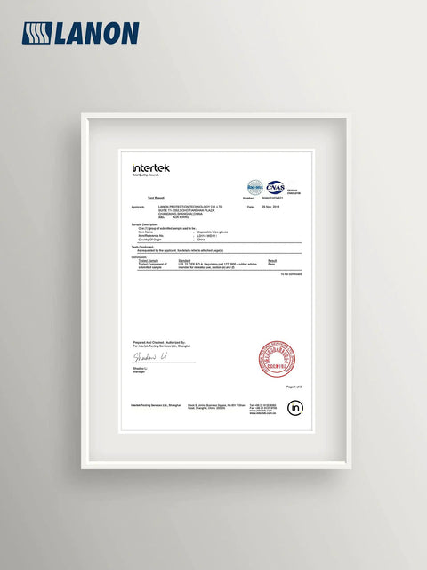 Framed certification for 5 Mil Latex Disposable Gloves Food Contact Safe Powder Free Fully Textured Grippy White Large Size