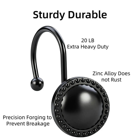 Heavy Duty Metal Shower Curtain Hooks 12 Pack, Rust-Resistant Zinc Alloy Circular Rings For Easy Glide shown with details