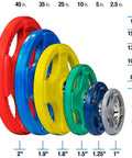Stack of color-coded rubber plates for 2 Inch Rubber Color Grip Olympic Weight Set With Bar Included, 300 Lb Weight Plates For Home Gym
