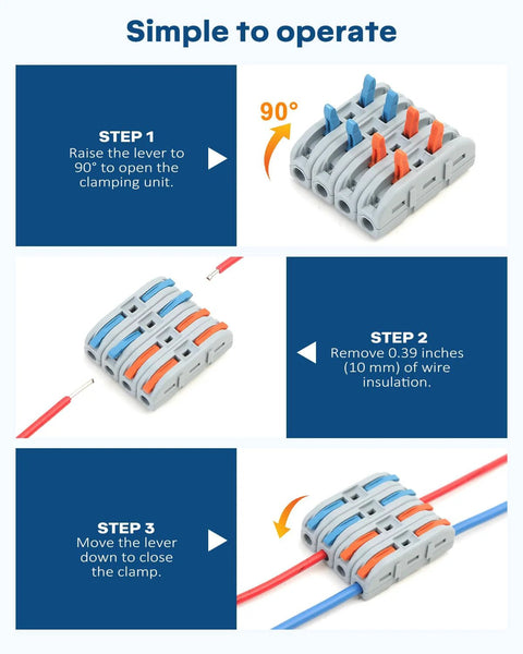 Front view collage of 20 Eugiichr lever wire connectors with blue and orange levers for inline splices.