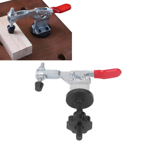 Quick Release Woodworking Bench Clamp Set With Toggle Clamps for Woodworking Jigs and Fixtures, secured on wood board, metal material