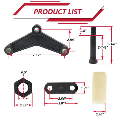 Product components with measurements for Soaring Trailer Shackle Kit for Tandem Axle Trailers, Ready To Roll Equalizer Suspension.