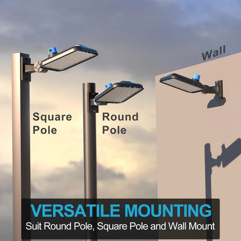 Ultra Bright LED Parking Lot Light Arm Mount 60000 Lm Shoebox Style on square, round poles, and wall mount