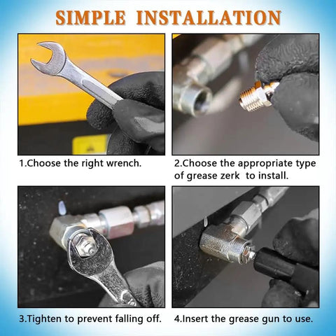 Pro Grade Heavy Duty Grease Fittings Kit With Straight And Angled Zerk Adapters, M6 M8 M10 installation steps shown