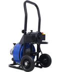 Badass Electric Drain Auger And Commercial Sewer Snake With 60 Foot Steel Cable Half Inch Four Cutter Head Foot Switch, blue unit with wheels.