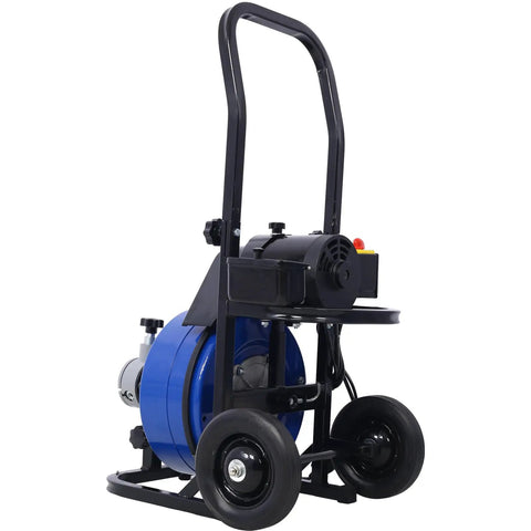 Badass Electric Drain Auger And Commercial Sewer Snake With 60 Foot Steel Cable Half Inch Four Cutter Head Foot Switch, blue unit with wheels.