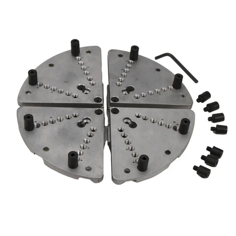 Special Edition 4-Jaw Lathe Chuck System With Jumbo Flat Jaws For Midi And Full-Size Wood Lathes shown with components and wrench