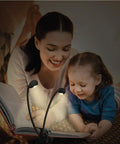 Rechargeable 12 LED Warm Clip On Book Light With Dual Goosenecks Bed Reading Lamp used by a woman and child, eye-friendly illumination