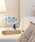 Engineer Definition Acrylic Sign Desk Decor 4 x 4 Inches Perfect Gift for Engineers and Mechanics on nightstand.