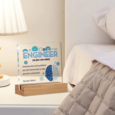 Engineer Definition Acrylic Sign Desk Decor 4 x 4 Inches Perfect Gift for Engineers and Mechanics on nightstand.