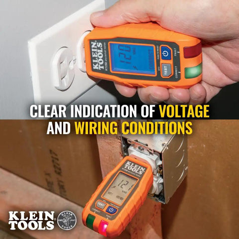 RT250 GFCI Outlet Tester With LCD Display For 120V Receptacles Voltage Tester in use displaying voltage on LCD screen