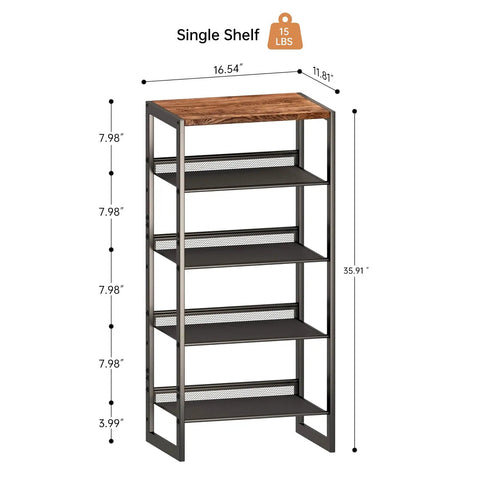 Sturdy 5 Tier Metal Shoe Rack Workhorse With Rust Proof Coating, Steel Frame, MDF Top, adjustable shelves, dimensions shown