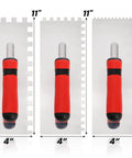 Three Piece Concrete Trowel Set With Stainless Steel Square Notched And Flat Finishing Trowels, 11x4 inches, red handles.