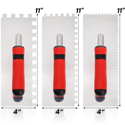Three Piece Concrete Trowel Set With Stainless Steel Square Notched And Flat Finishing Trowels, 11x4 inches, red handles.