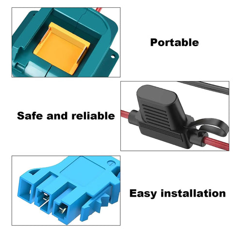 Close-up of Power Wheel Adapter 18V To 20V Battery Kit With Fuse showing plug-and-play connector and waterproof fuse holder