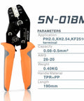 Front view of iCrimp SN-01BM ratchet crimp tool with orange grips for AWG 28-20 terminals