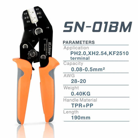 Front view of iCrimp SN-01BM ratchet crimp tool with orange grips for AWG 28-20 terminals