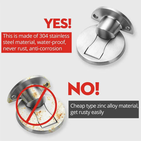 Comparison of Magnetic Door Stop Set 304 Stainless Steel Brushed Silver and a rusty zinc alloy material.
