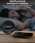 Anti Slip Aircraft Grade Aluminum Wireless Charger Pad With 15W Max Fast Charging For iPhone 17 Series Air 16 15 14 SE Pro Max Plus And Samsung Galaxy S25 S24 S23 Black shown on a desk with charging indicator