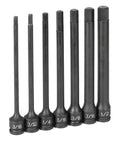 Impact Hex Driver Socket Set With Six Inch Length From Three Sixteenth To One Half Inch Beefy High Torque Drive For Rugged Universal Fit Made In USA Quality Tools, 7-piece set in row showing different sizes