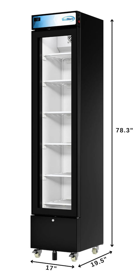 Slick Commercial Display Freezer With 6.5 Cubic Feet Capacity And 17 Inch Slim Profile, black, with triple paned glass door.