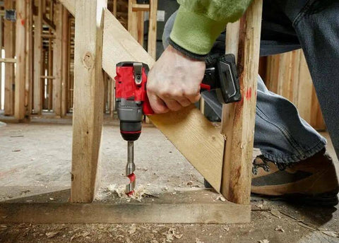 Straight Up Powerful Brushless Drill Driver Compatible With Milwaukee M12 12V Half Inch Cordless Power Tool Bare Unit in use, drilling wood.