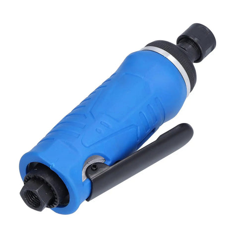 Heavy Workhorse Pneumatic Air Die Grinder Featuring Bulletproof Sealed Ball Bearings And Swappable 3mm 6mm Chucks side view with blue handle.