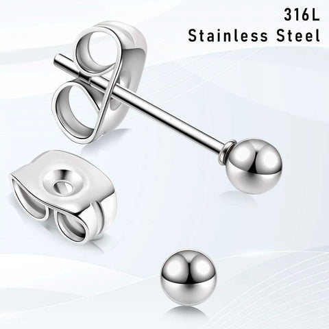 15 Pairs Ball Stud Earrings Set In 2mm 3mm 4mm 5mm 6mm Stainless Steel Silver Polished Studs For Men And Women Go-To Everyday Jewelry Multisize Surgical Steel Ball Earrings, 316L stainless steel ball stud with back