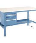 Built Tough Sixty Inch Wide Heavy Duty Workbench Featuring Five Thousand Pound Load Capacity Adjustable Height Legs ESD laminate finish with blue drawers.
