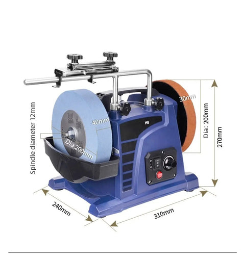 Heavy Duty 8 Inch Bench Grinder Low Speed Knife Sharpener And Polishing Machine Built Like A Tank With Top Shelf Steel Replacement Wheels, showing grinding wheels and base dimensions.